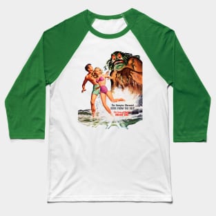 Sexy Pin Up Girl Running Escaping Vintage Monster Beach Sea Water Halloween Comic Baseball T-Shirt